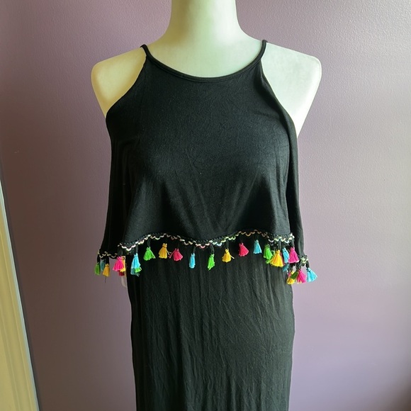 Bellamie black fringe race back maxi dress tassel pink blue yellow size large - Picture 2 of 6